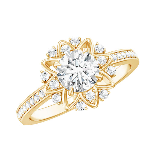 Round Certified Moissanite Flower Engagement Ring