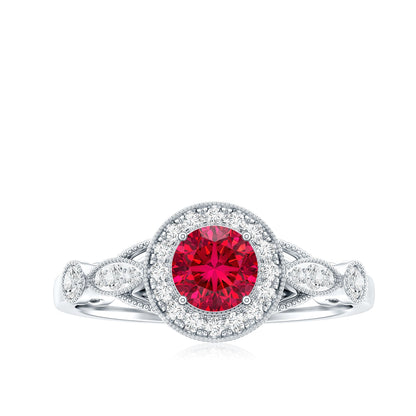 Antique Inspired Lab Created Ruby and Diamond Engagement Ring