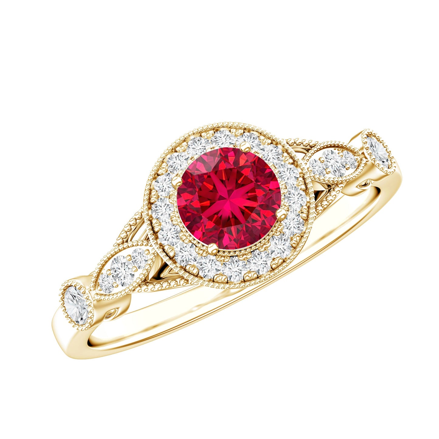 Antique Inspired Lab Created Ruby and Diamond Engagement Ring