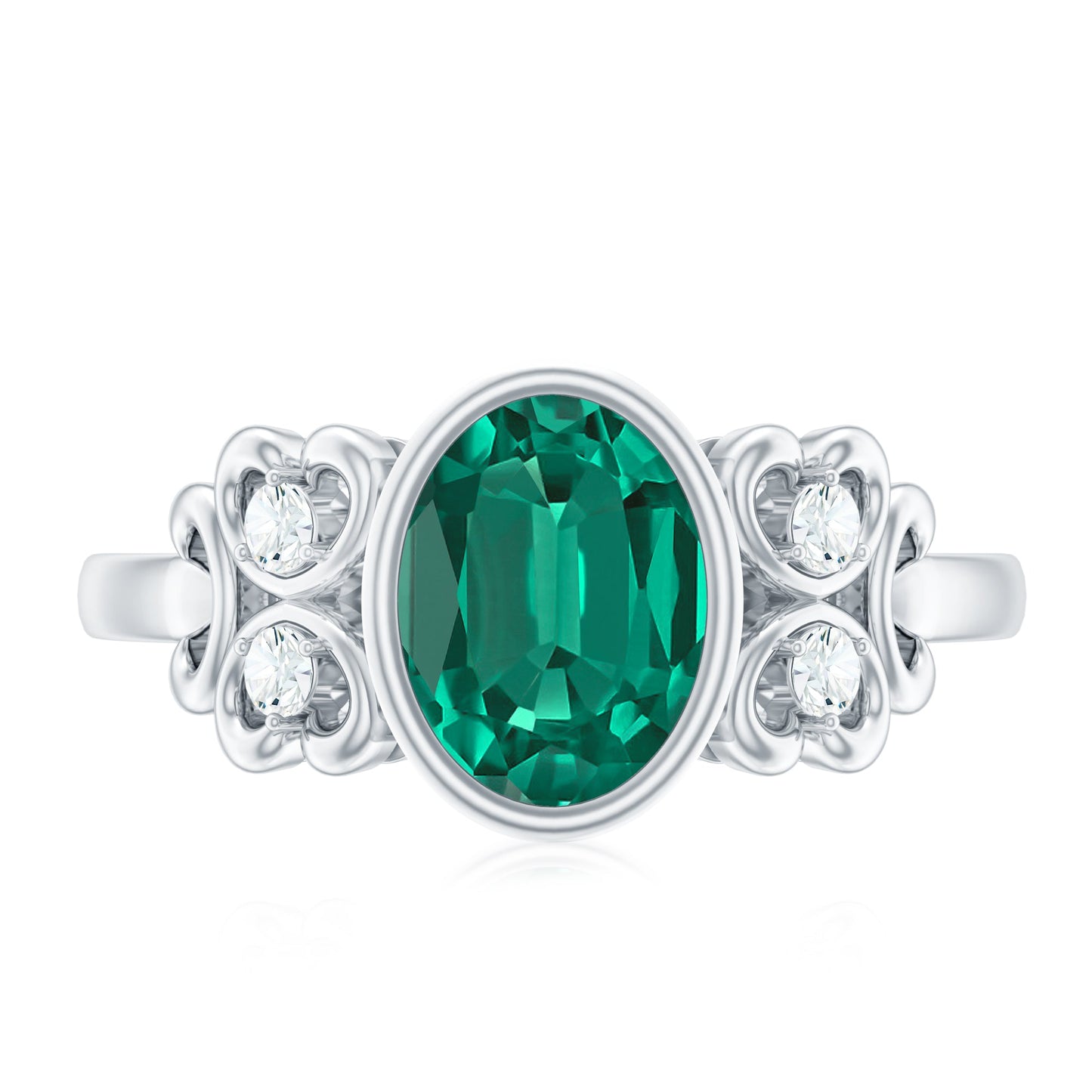Certified Bezel Set Lab Grown Emerald Antique Looking Engagement Ring with Diamond