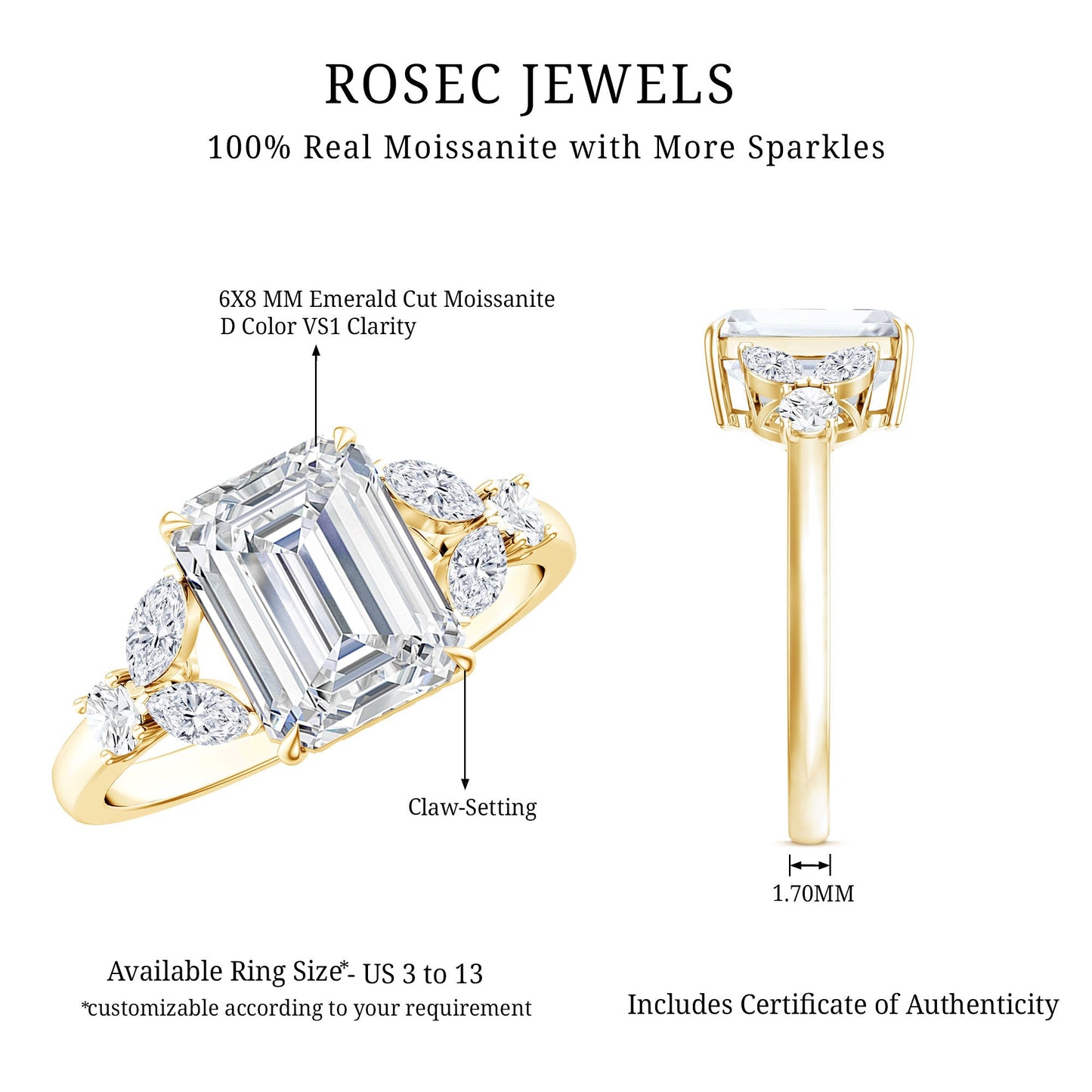 Claw Set Emerald Cut Moissanite Designer Engagement Ring