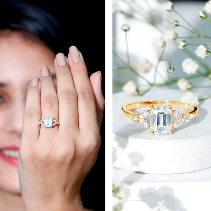 Claw Set Emerald Cut Moissanite Designer Engagement Ring