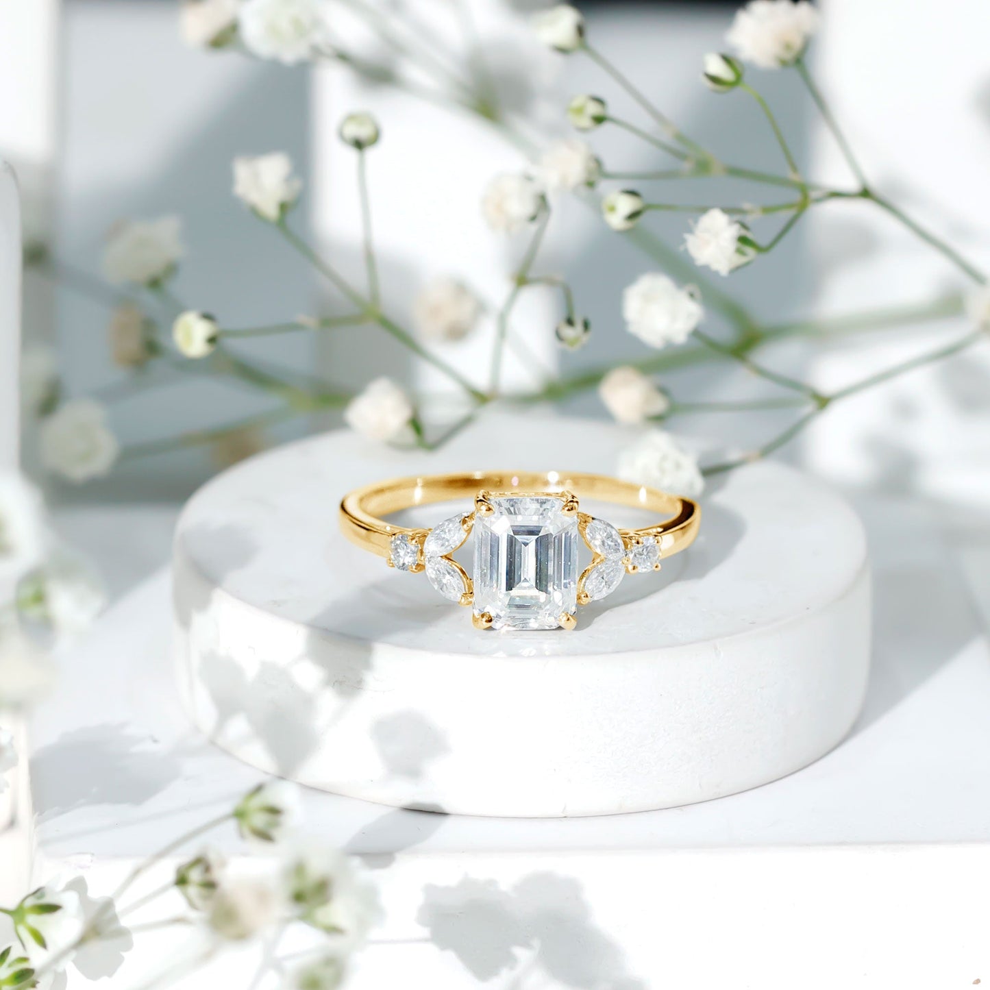 Claw Set Emerald Cut Moissanite Designer Engagement Ring