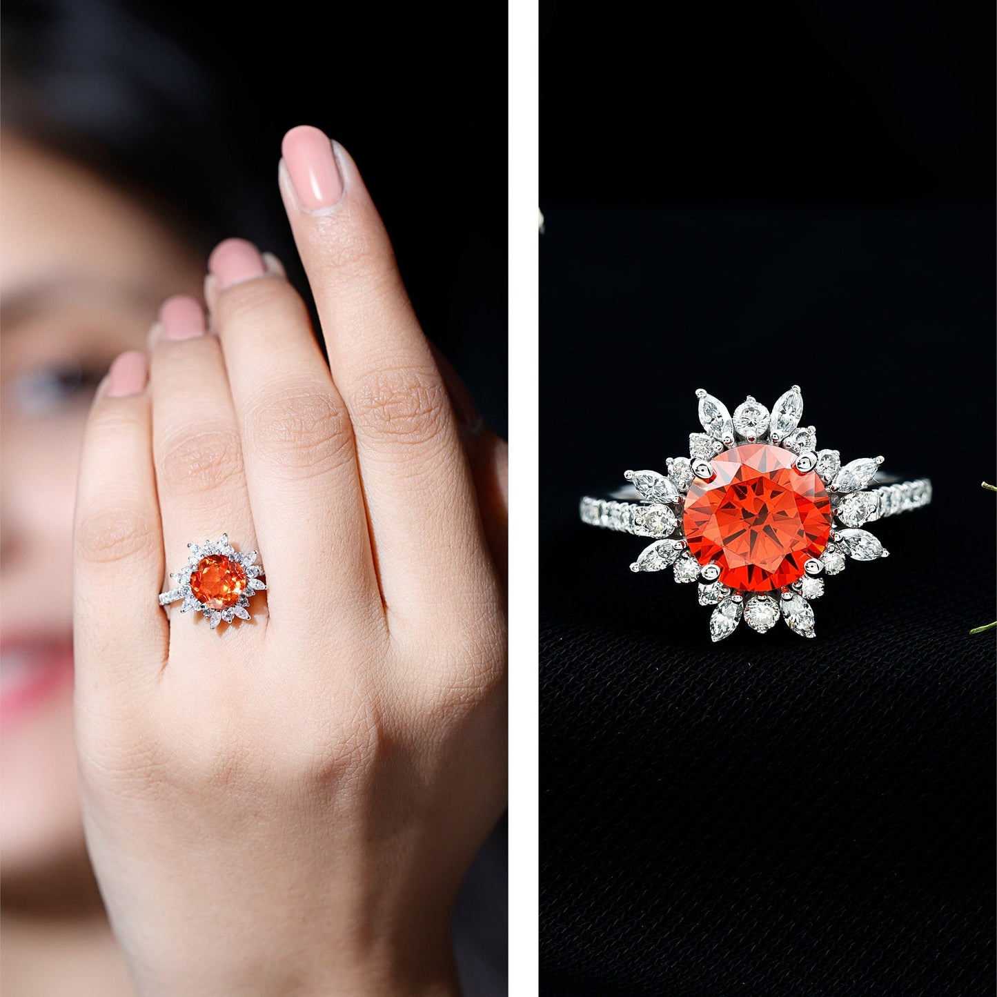 2.25 Carat Lab Grown Orange Statement Engagement Ring with Diamond Halo