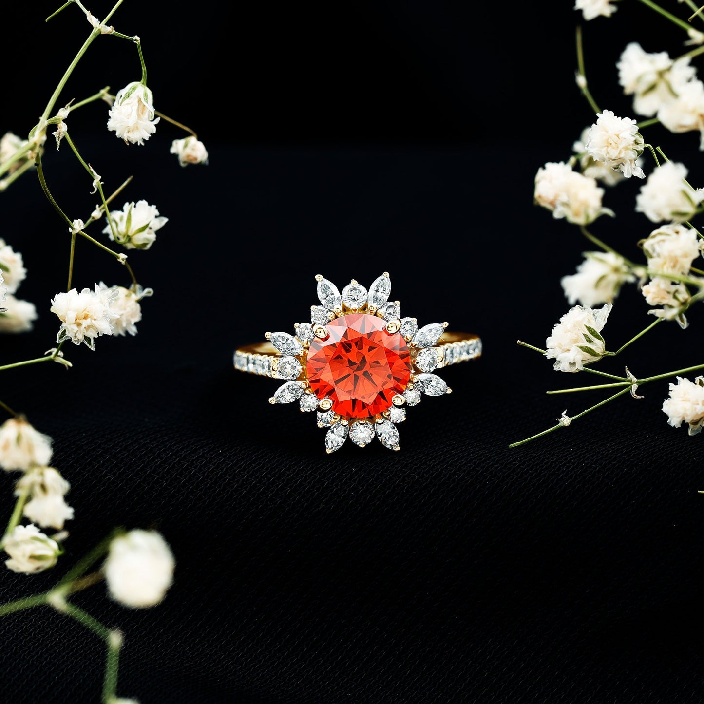 2.25 Carat Lab Grown Orange Statement Engagement Ring with Diamond Halo