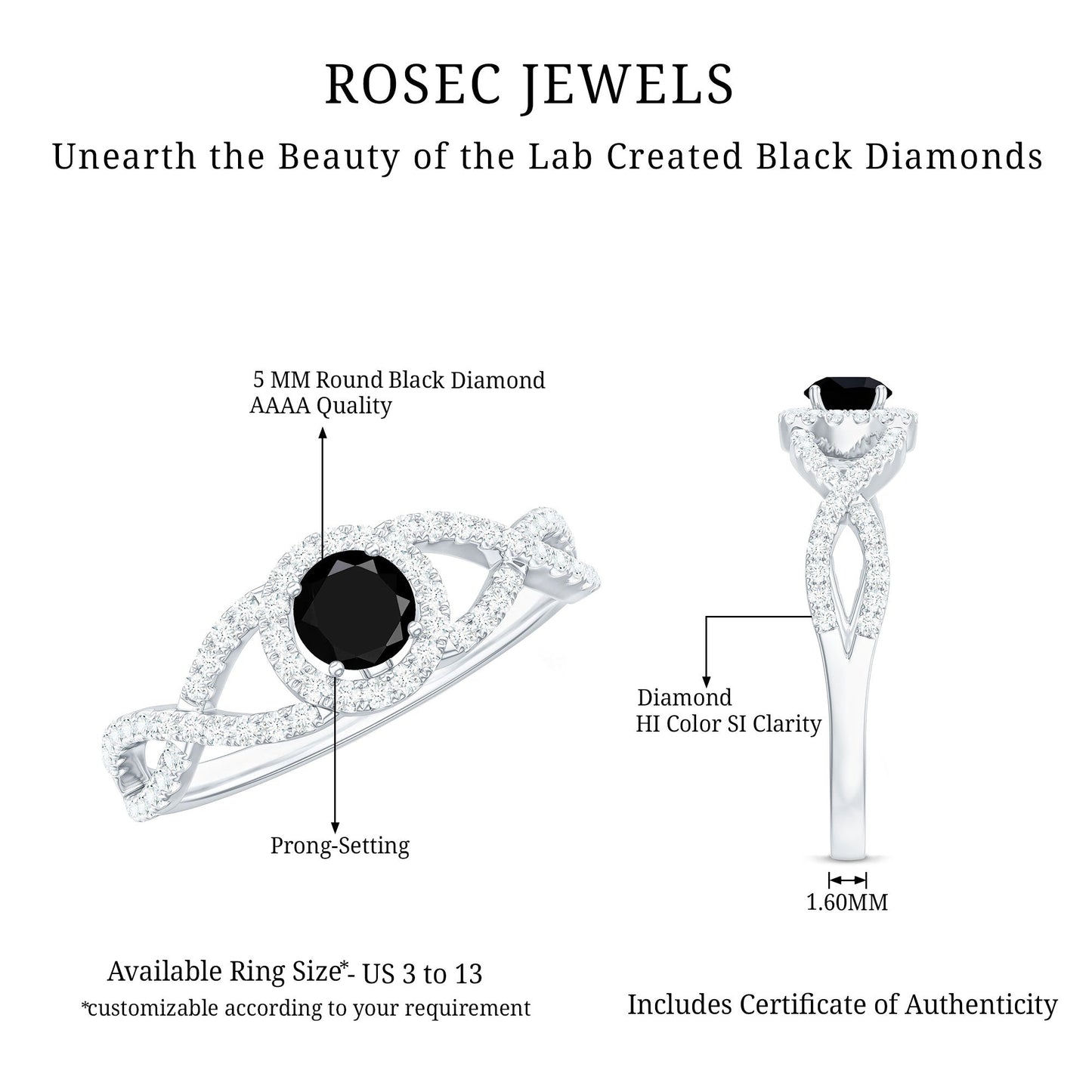 Certified 0.84 Carat Lab Grown Black Diamond Engagement Ring with Criss Cross White Diamond