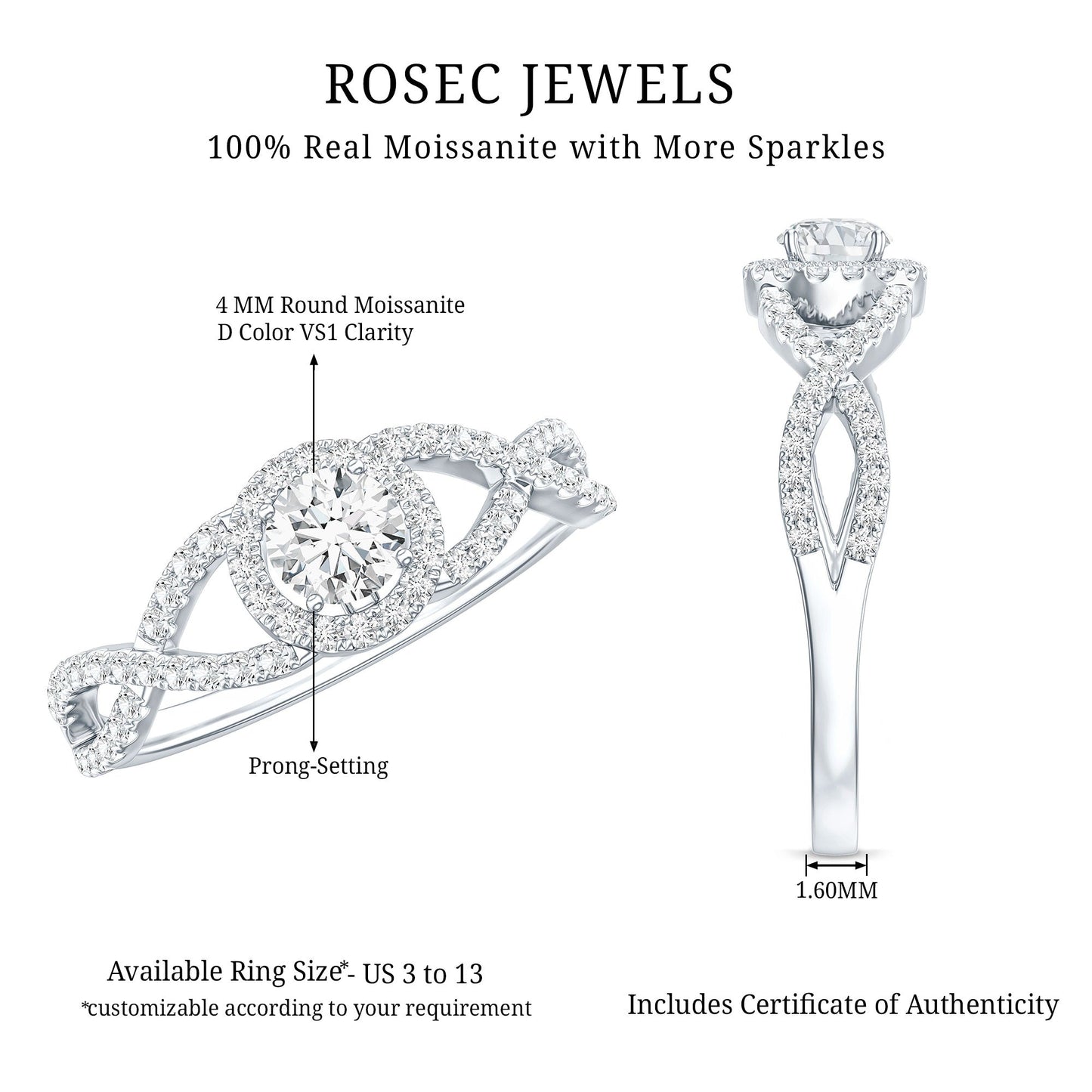 Round Shape Moissanite Crossover Engagement Ring for Women