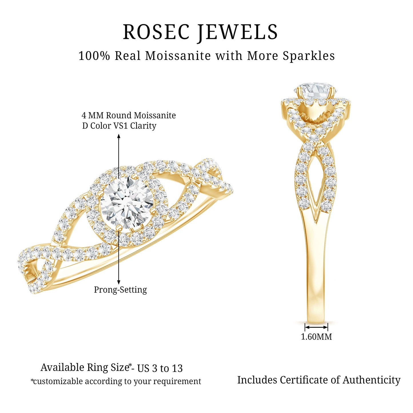 Round Shape Moissanite Crossover Engagement Ring for Women