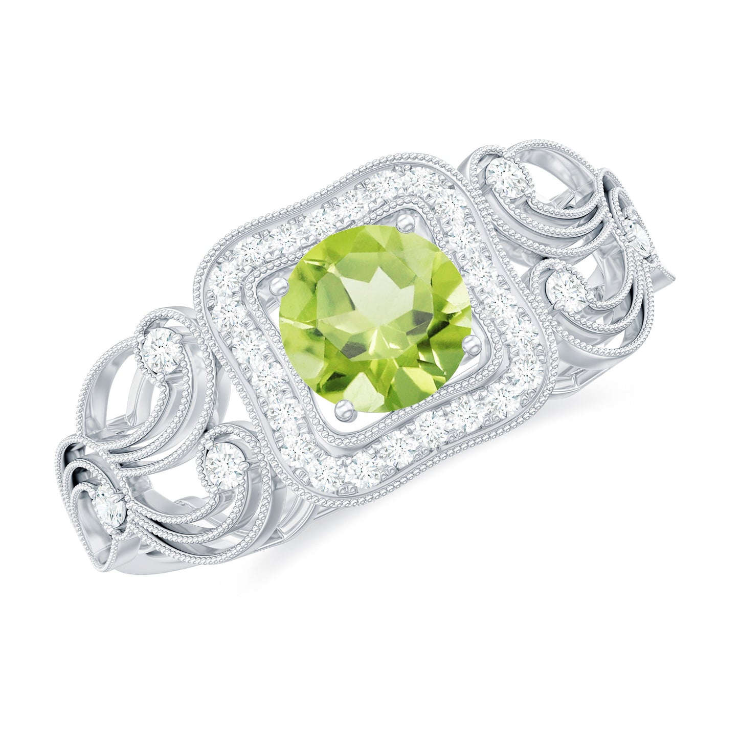 Vintage Style 0.5 Carat Peridot Engagement Ring with Diamond Halo