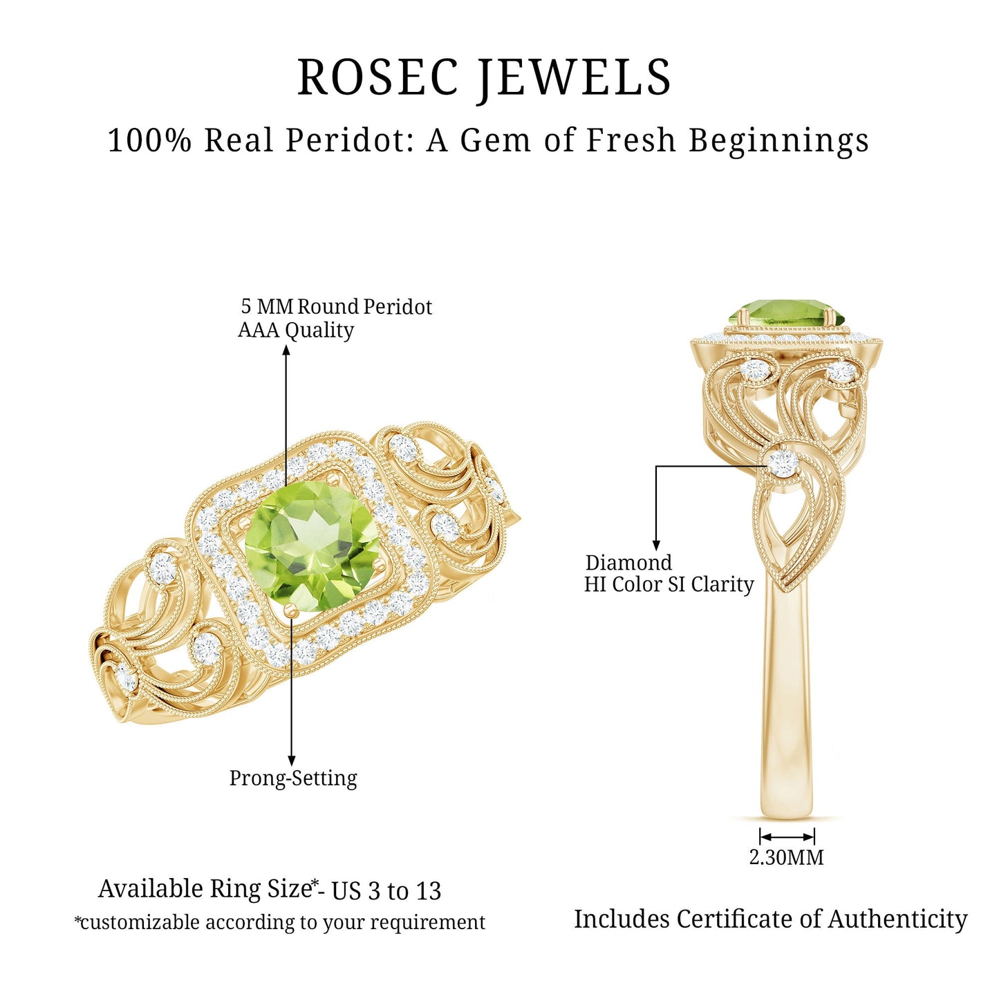 Vintage Style 0.5 Carat Peridot Engagement Ring with Diamond Halo