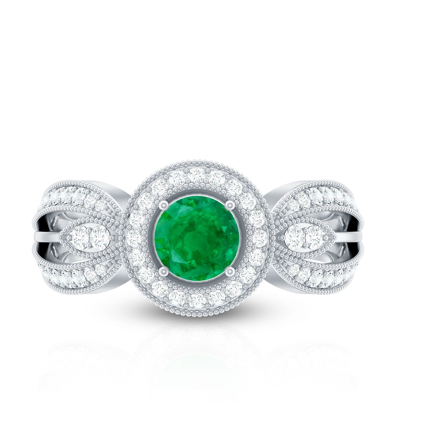 Real Emerald Diamond Vintage Looking Engagement Ring with Split Shank