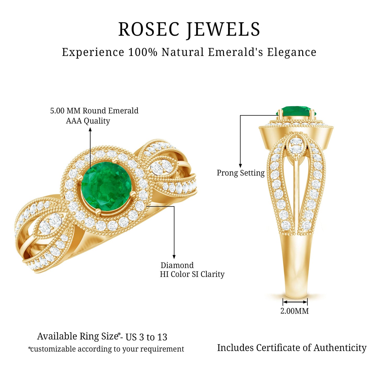 Real Emerald Diamond Vintage Looking Engagement Ring with Split Shank
