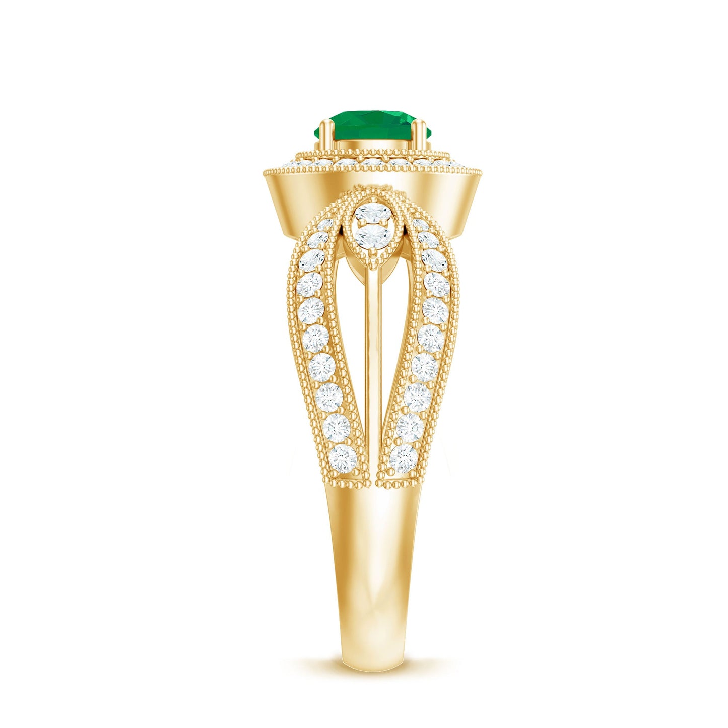 Real Emerald Diamond Vintage Looking Engagement Ring with Split Shank