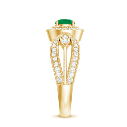 Real Emerald Diamond Vintage Looking Engagement Ring with Split Shank