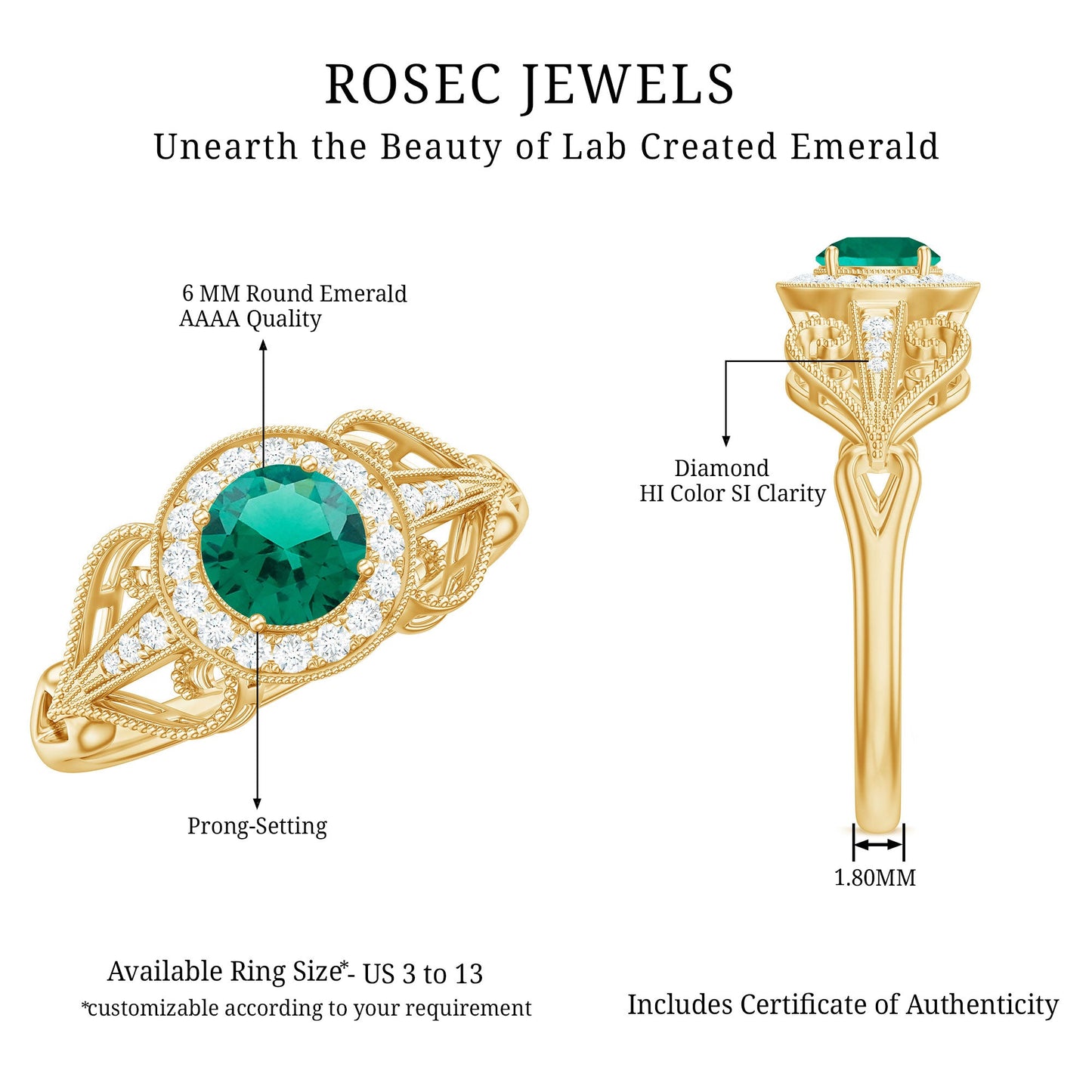 Certified Lab Grown Emerald Vintage Looking Engagement Ring with Diamond