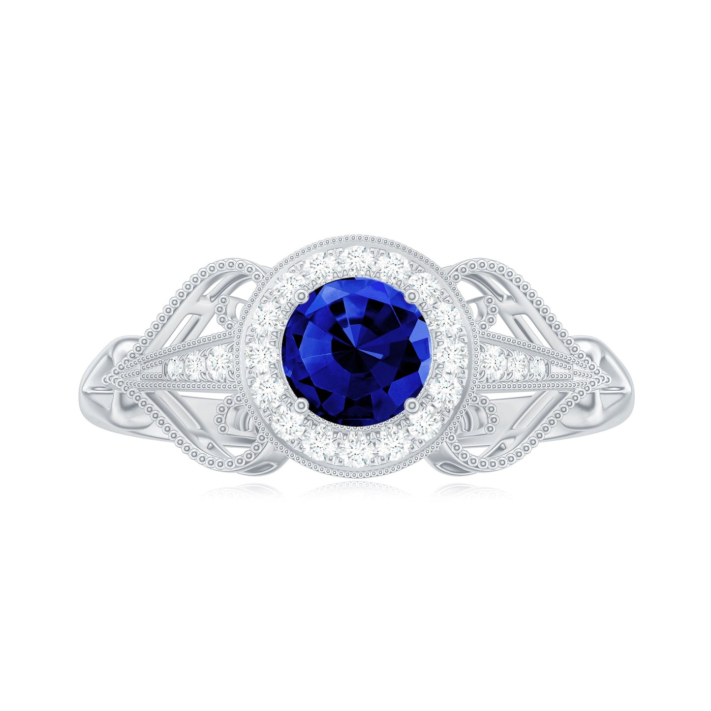 Certified 0.6 Carat Lab Grown Blue Sapphire Retro Engagement Ring with Diamond