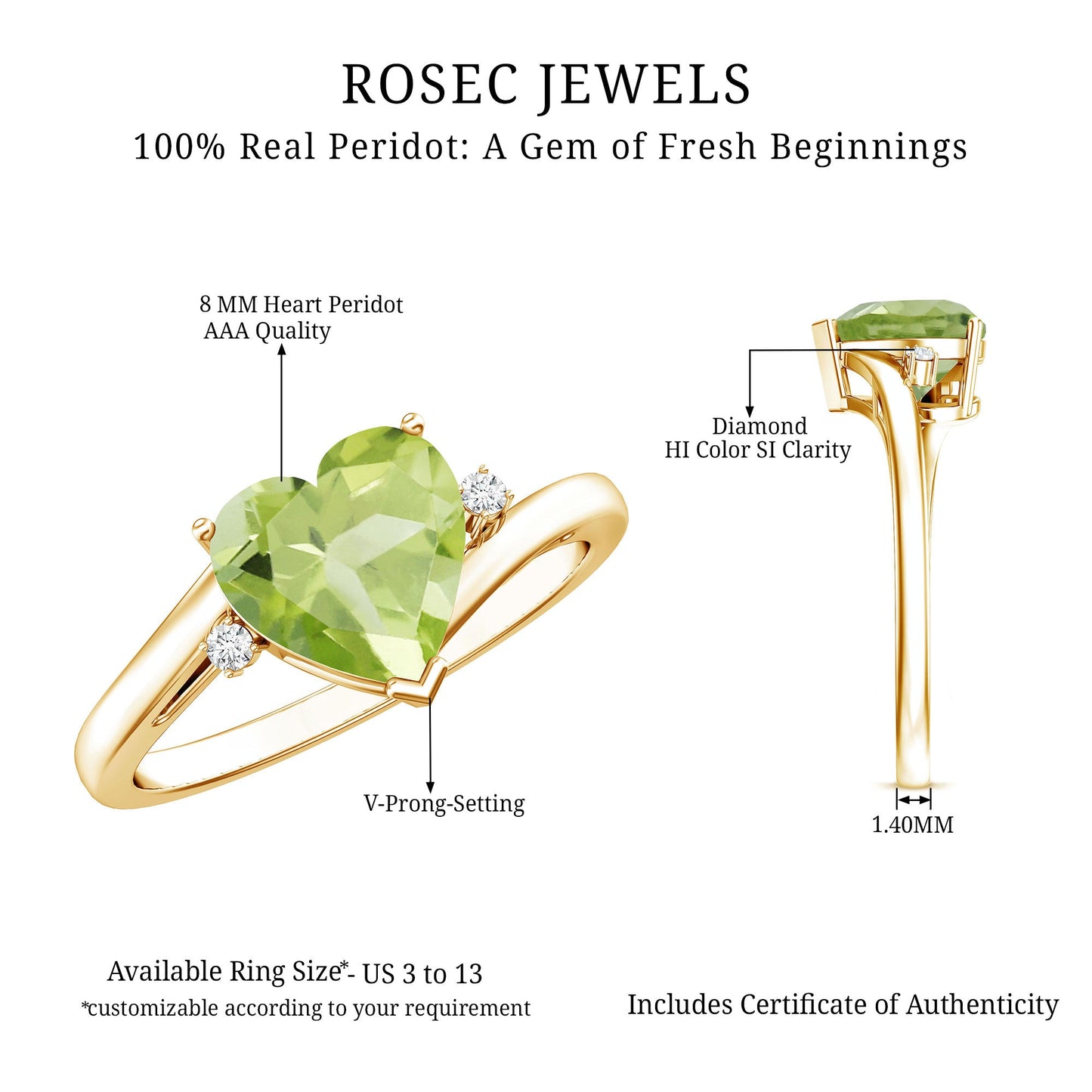 Real 2 Carat Peridot Heart Engagement Ring with Diamond