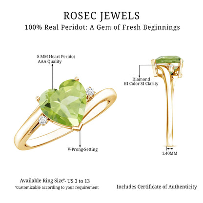Real 2 Carat Peridot Heart Engagement Ring with Diamond