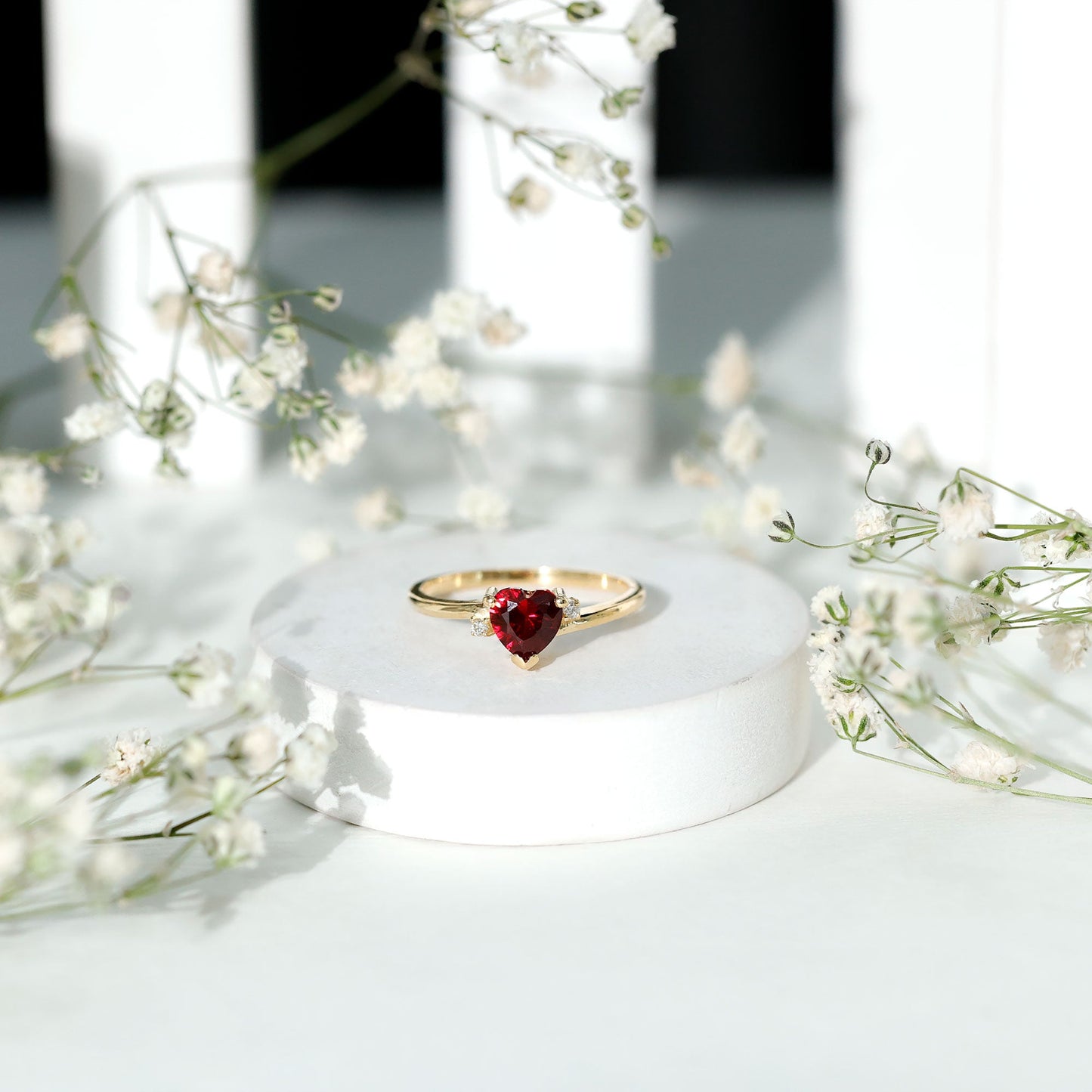 Heart Shape Lab Grown Ruby Solitaire Promise Ring with Diamond