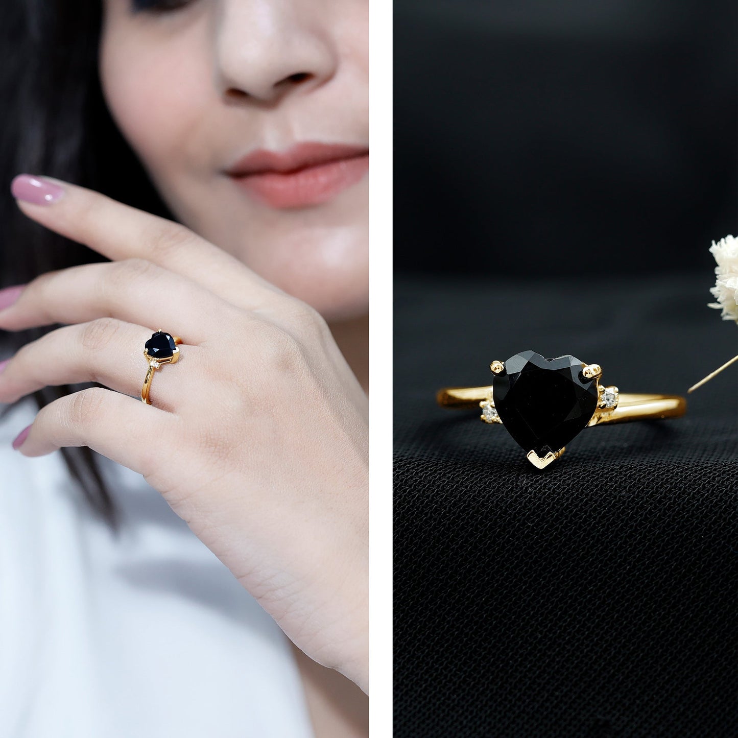 Heart Shaped Black Onyx Engagement Ring with Diamonds