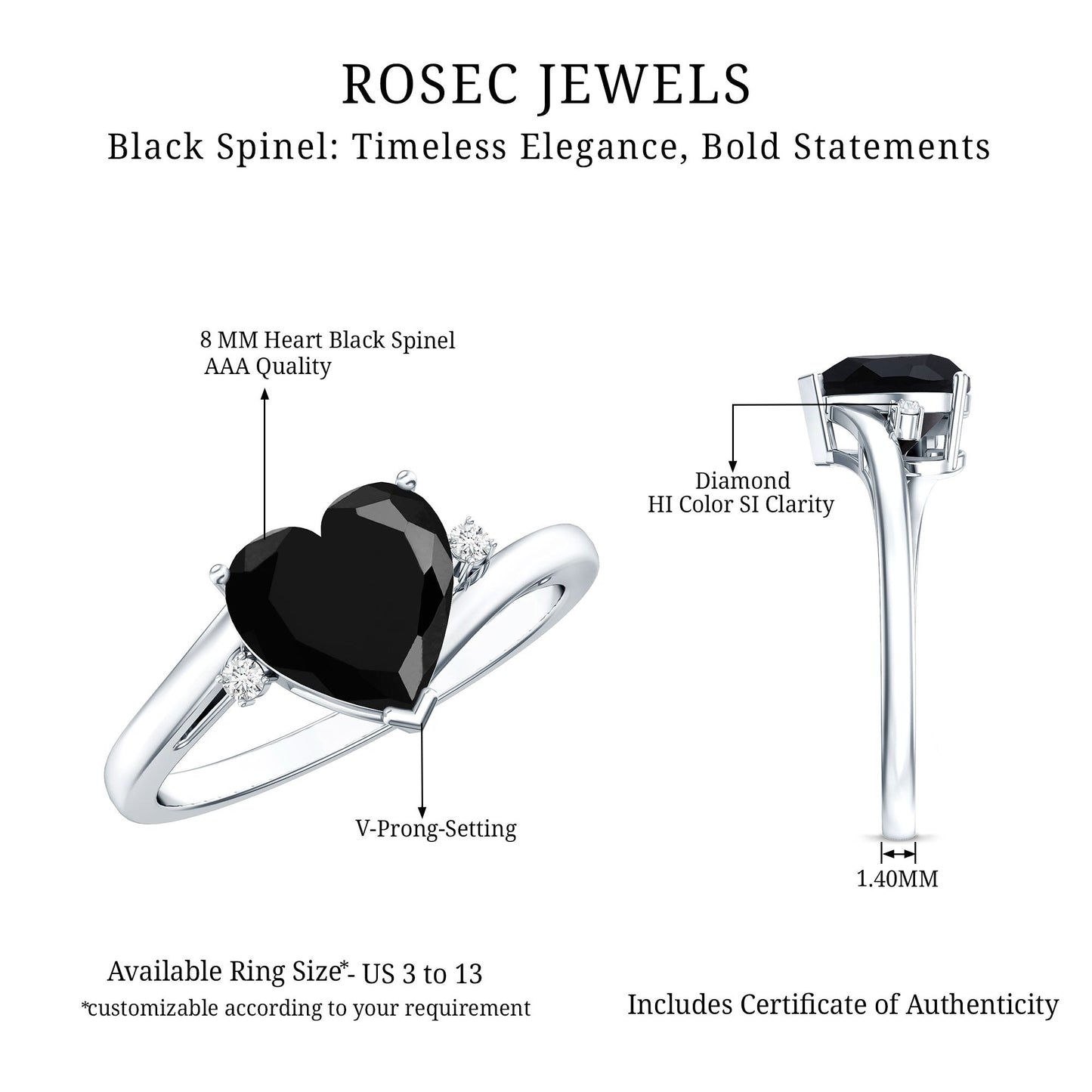 2 Carat Heart Shape Black Spinel Solitaire Engagement Ring