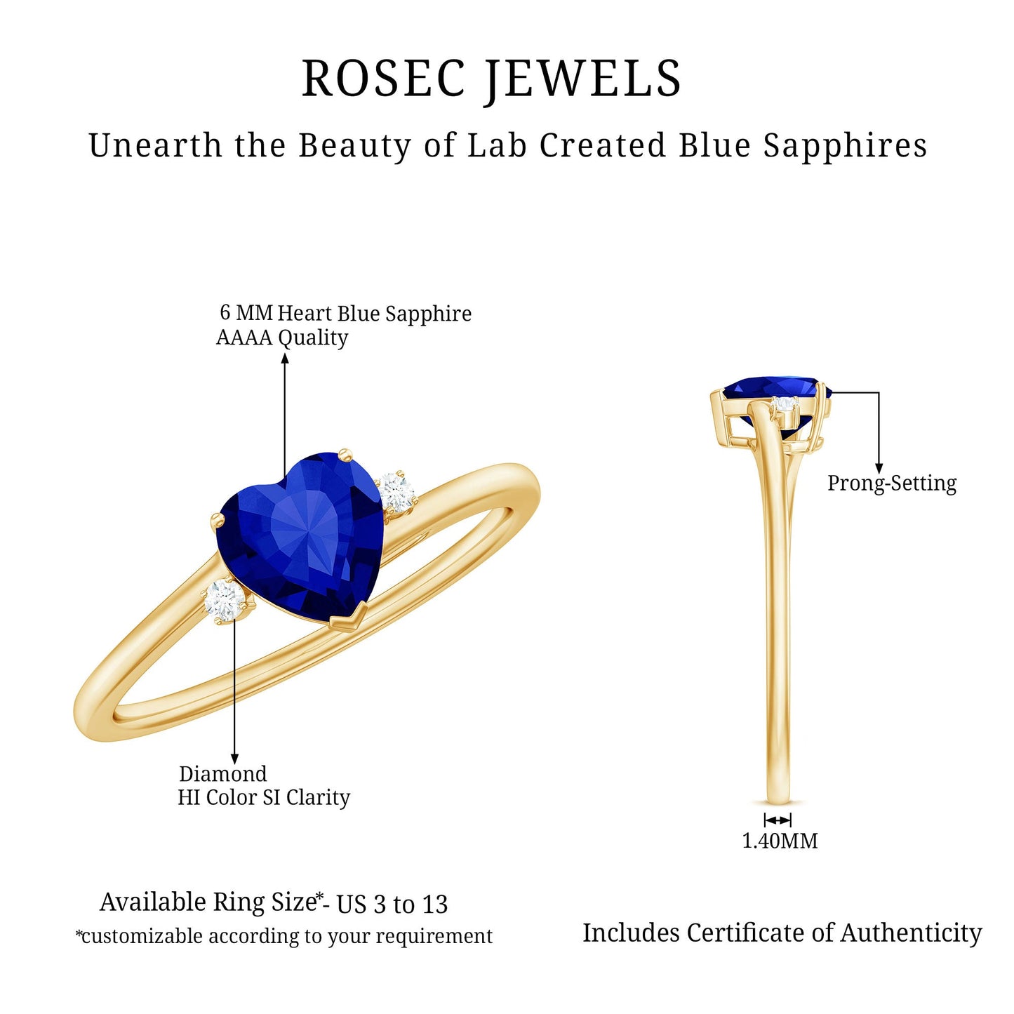 Heart Shape Created Blue Sapphire Solitaire Engagement Ring with Diamond