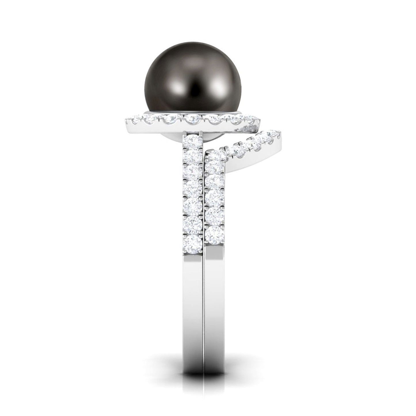 7.5 Carat Tahitian Pearl and Diamond Halo Wedding Ring Set