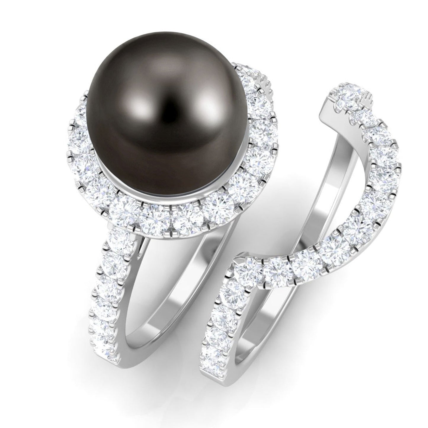 7.5 Carat Tahitian Pearl and Diamond Halo Wedding Ring Set
