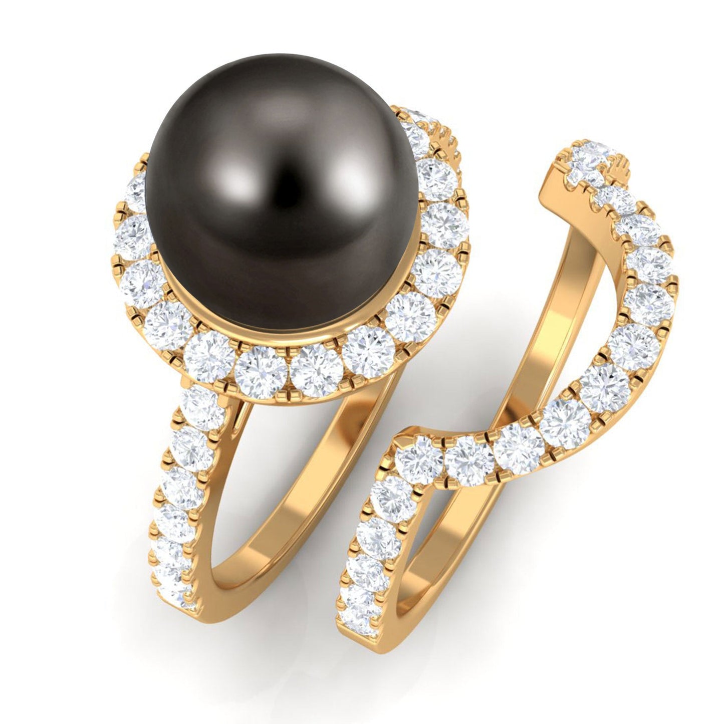 7.5 Carat Tahitian Pearl and Diamond Halo Wedding Ring Set