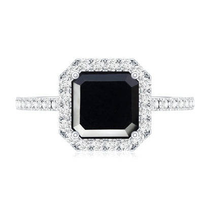 Certified Asscher Cut Black Onyx and Diamond Engagement Ring