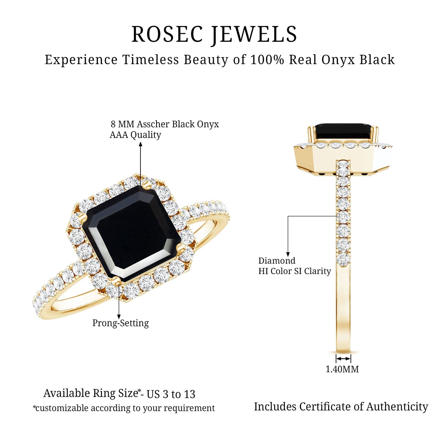 Certified Asscher Cut Black Onyx and Diamond Engagement Ring