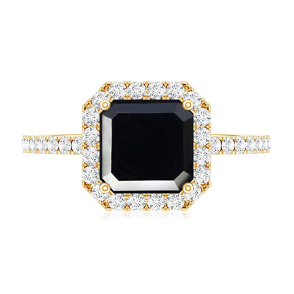 Certified Asscher Cut Black Onyx and Diamond Engagement Ring