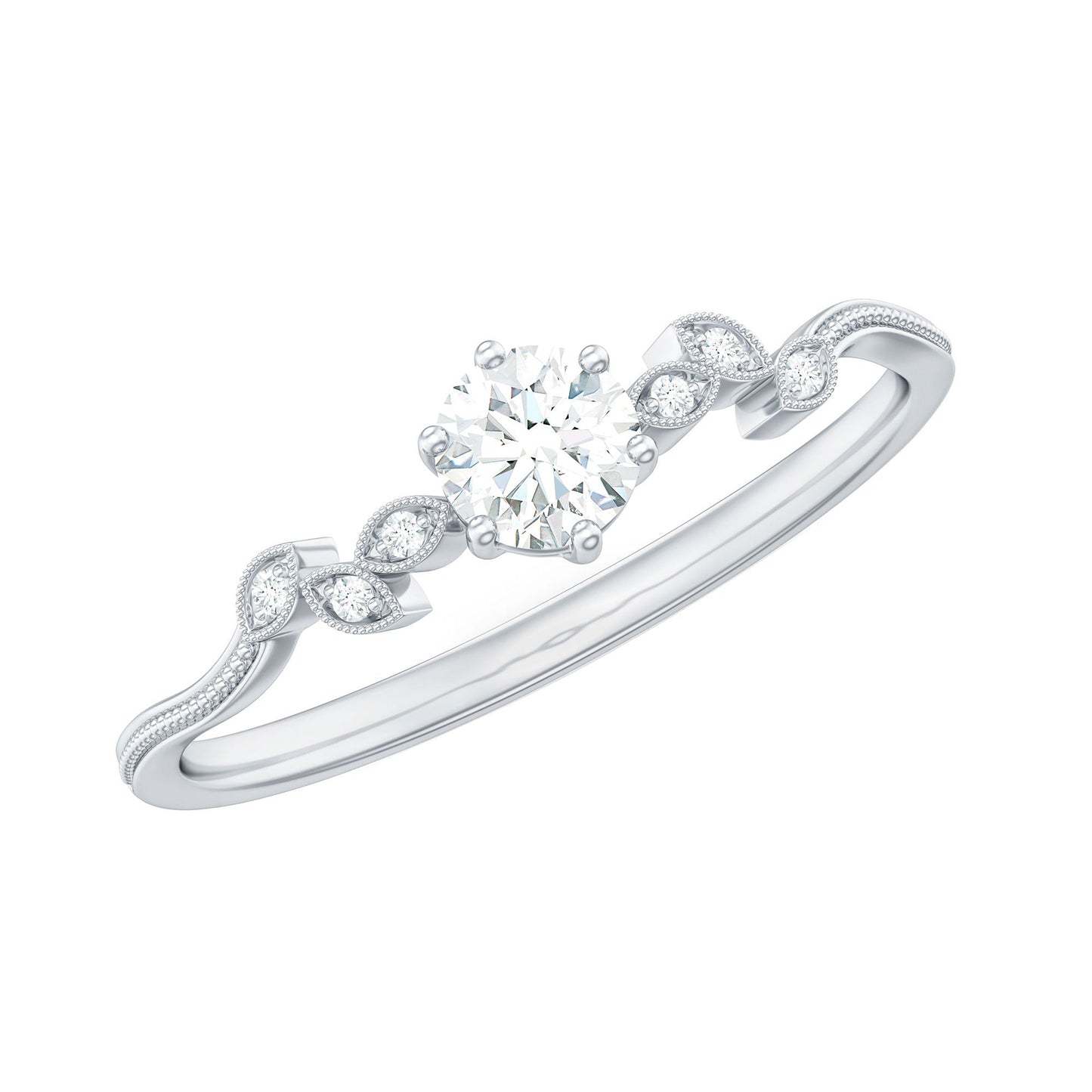 Minimalist Moissanite Leaf Promise Ring with Beaded Detail