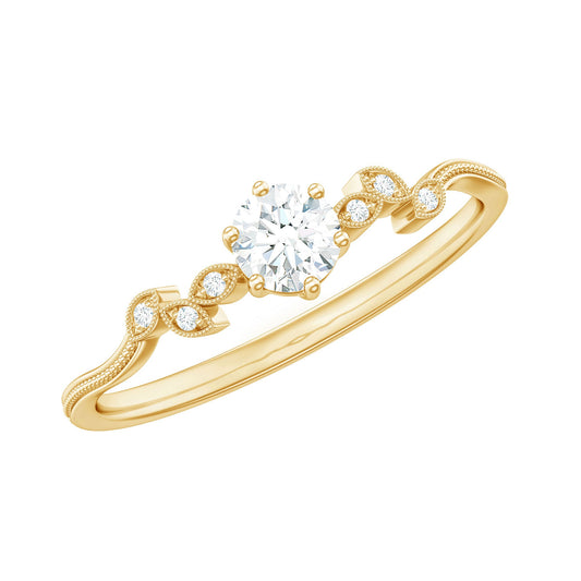 Minimalist Moissanite Leaf Promise Ring with Beaded Detail