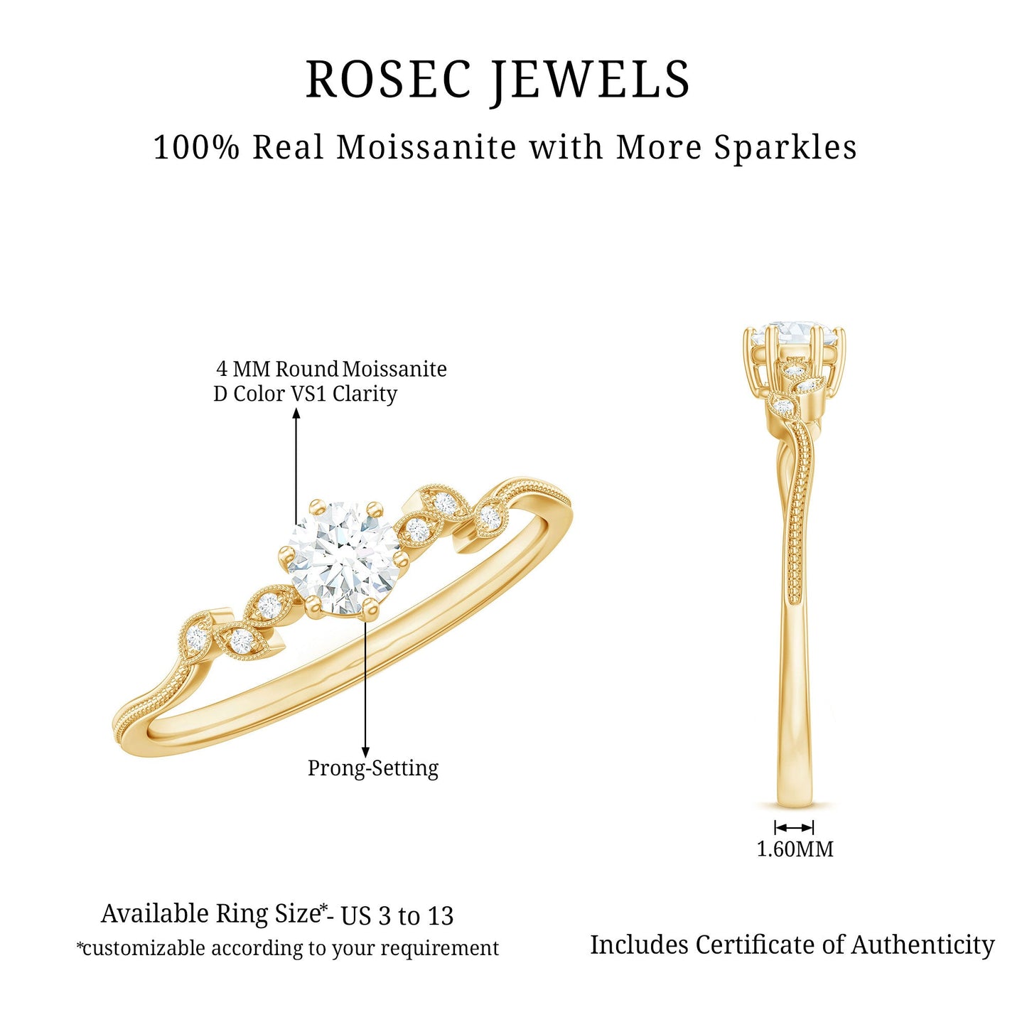 Minimalist Moissanite Leaf Promise Ring with Beaded Detail