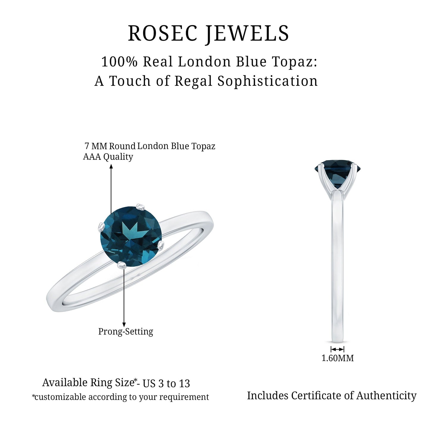 1.3 Carat Round London Blue Topaz Solitaire Ring With Certificate