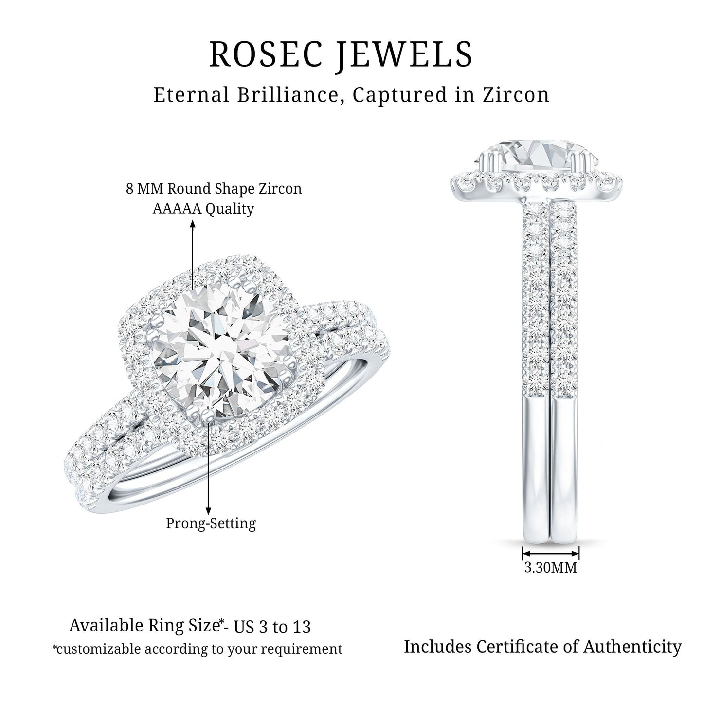 2 Carat Cubic Zirconia Engagement Ring with Wedding Band in Silver