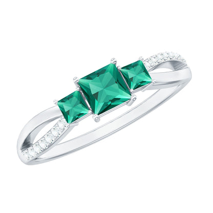 Certified Princess Cut Lab Grown Emerald 3 Stone Promise Ring with Diamond