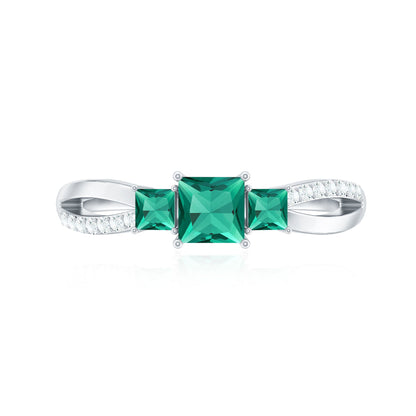 Certified Princess Cut Lab Grown Emerald 3 Stone Promise Ring with Diamond