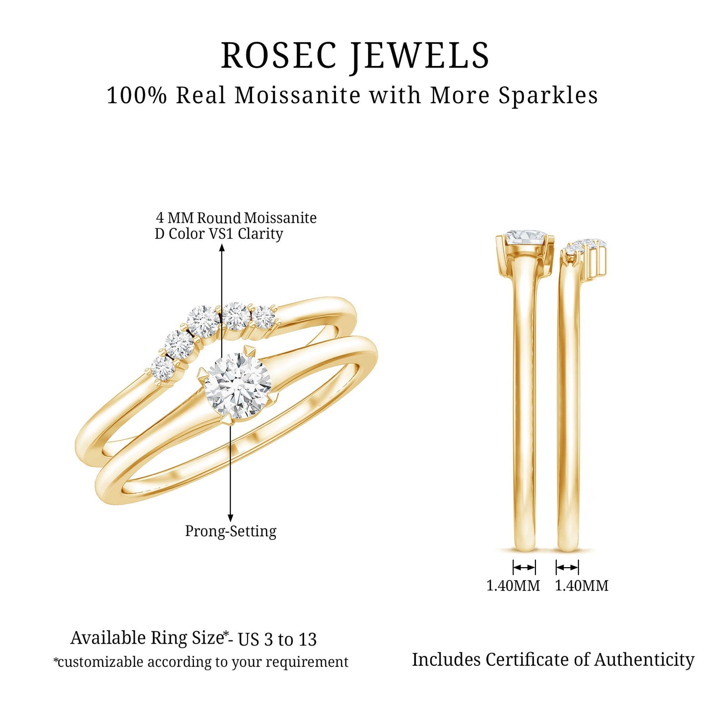 Round Cut Moissanite Engagement Ring with Wedding Band