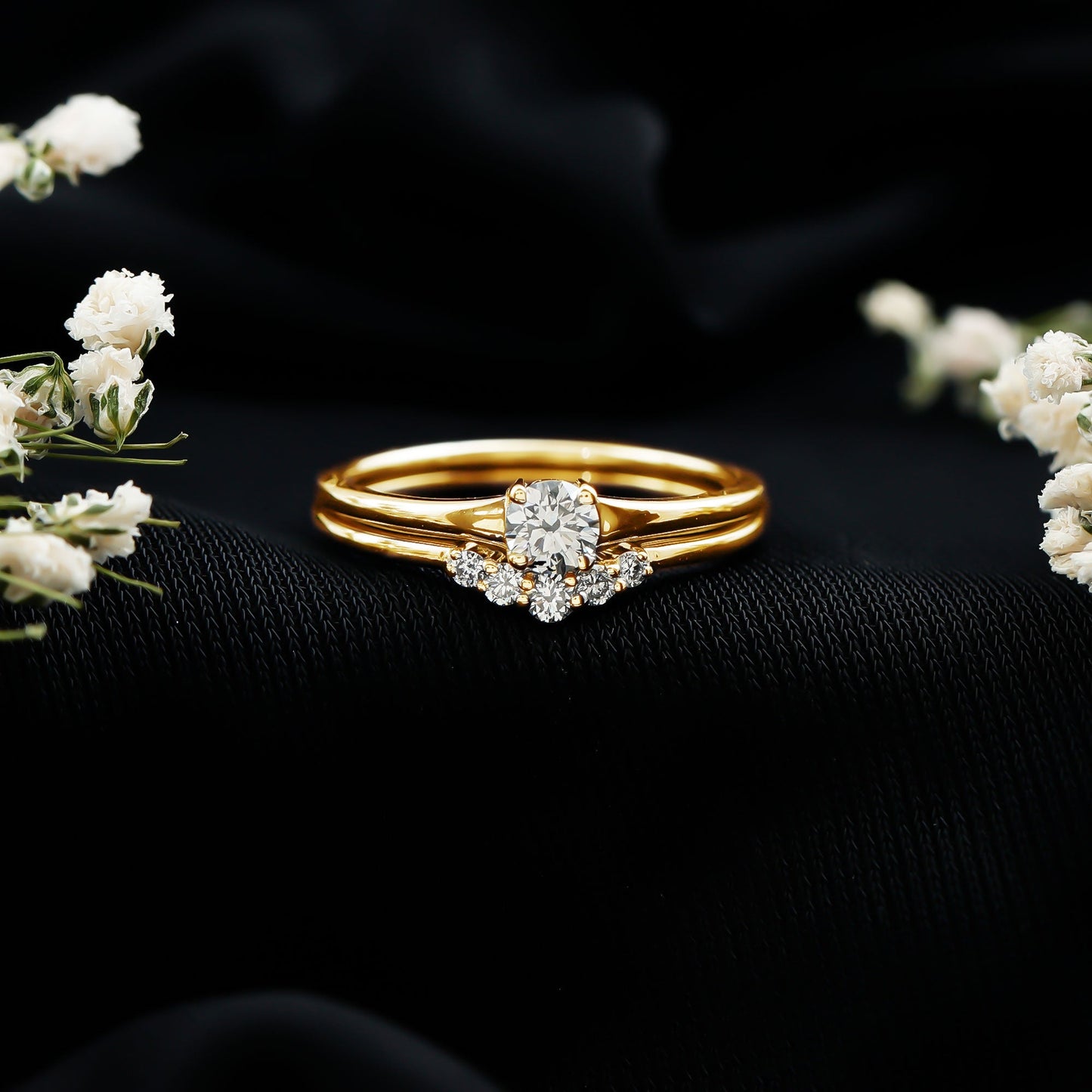 Round Cut Moissanite Engagement Ring with Wedding Band