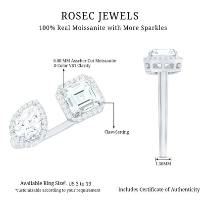 Asscher and Pear Cut Moissanite Two Stone Engagement Ring