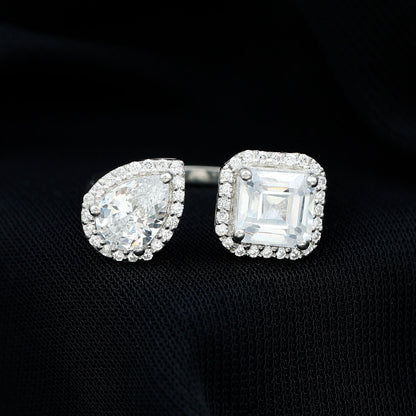 Asscher and Pear Cut Moissanite Two Stone Engagement Ring