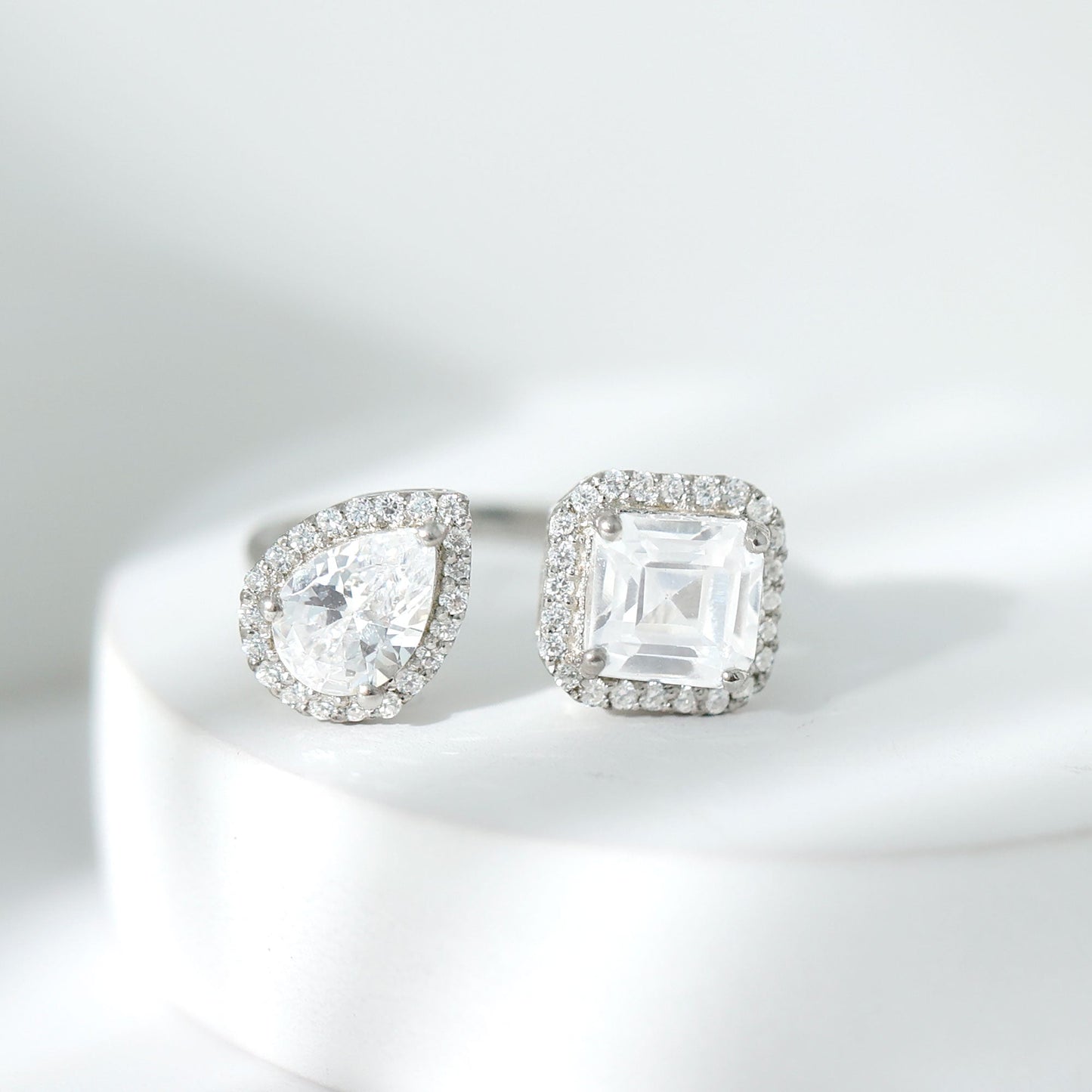 Asscher and Pear Cut Moissanite Two Stone Engagement Ring