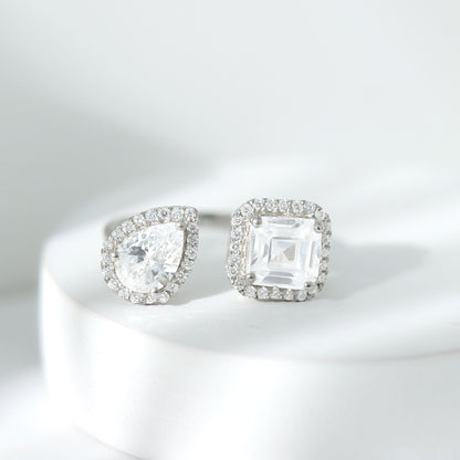 Asscher and Pear Cut Moissanite Two Stone Engagement Ring