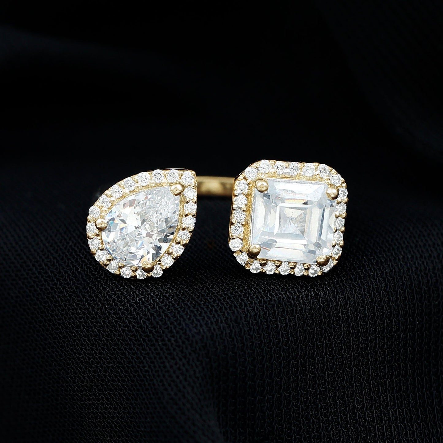 Asscher and Pear Cut Moissanite Two Stone Engagement Ring