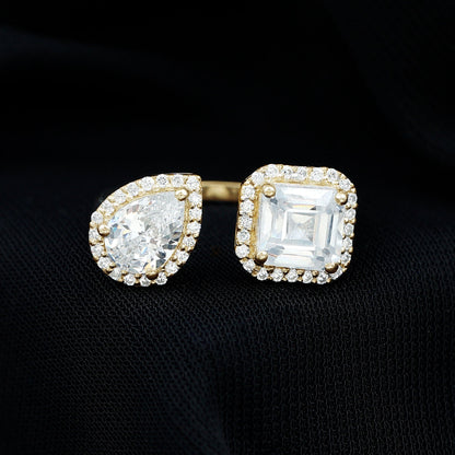 Asscher and Pear Cut Moissanite Two Stone Engagement Ring