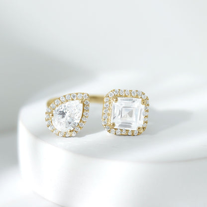 Asscher and Pear Cut Moissanite Two Stone Engagement Ring