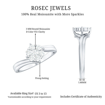 Round Moissanite Flower Proposal Ring in Bypass Shank