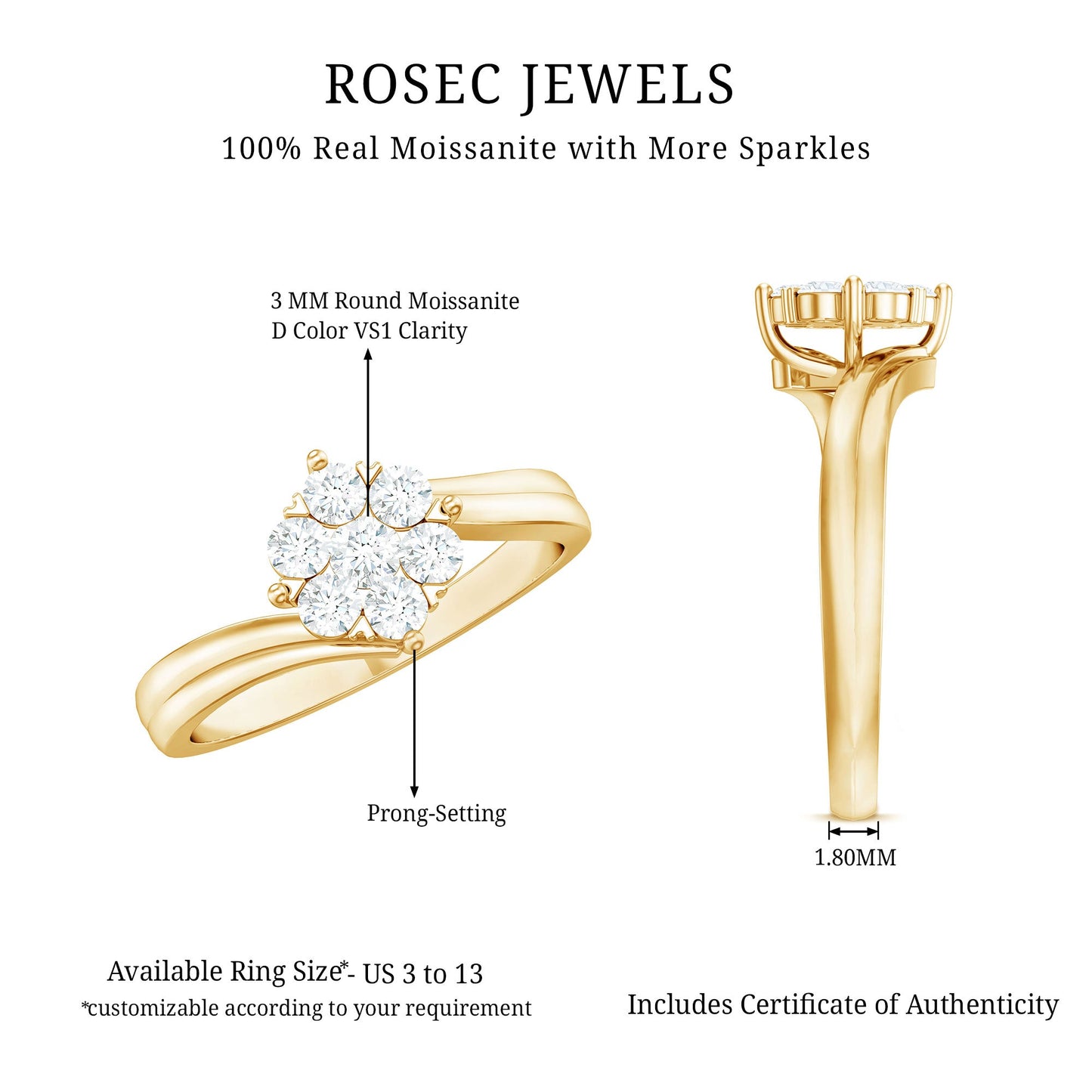 Round Moissanite Flower Proposal Ring in Bypass Shank